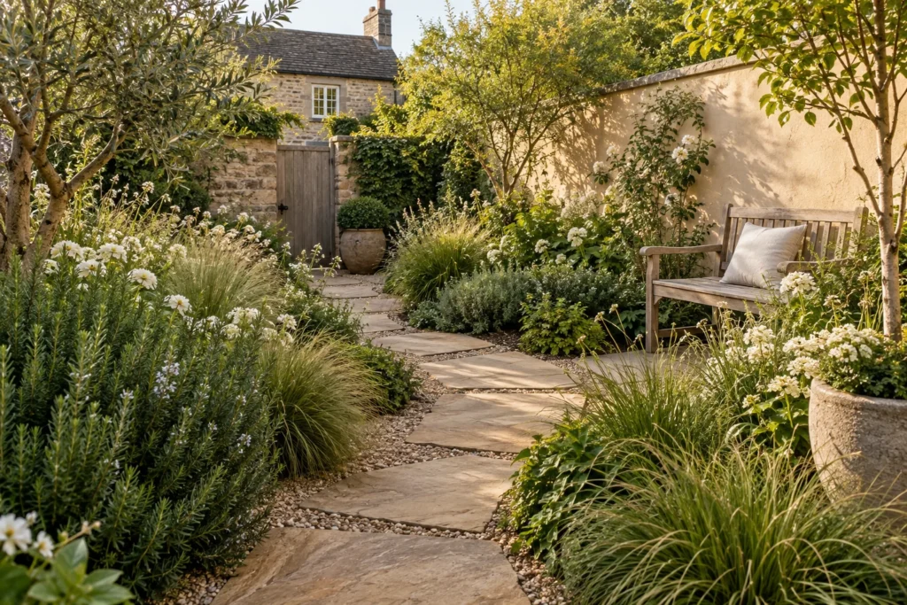 Illustrative courtyard garden with a stone path, flowering borders and an oak bench